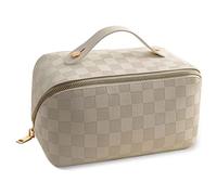 Cessfle Travel Makeup Bag, Checkered Makeup Bag Large Capacity Cosmetic Bag, Parallel Makeup Bag Large Makeup Bags for Women with Handle and Divider, 01-White, Travel Makeup Bag
