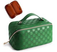 Cessfle Travel Makeup Bag, Checkered Makeup Bag Large Capacity Cosmetic Bag, Parallel Makeup Bag Large Makeup Bags for Women with Handle and Divider, 01-Green, Travel Makeup Bag
