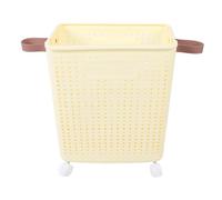 Cesta para la colada delgada, plegable, ahorra espacio, resistente, de plástico PP, estrecha, para la ropa, para la esquina del baño, cuarto de lavado, color crema (Con ruedas)
