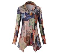 Cestyle Cowl Neck Plaid Tunic Tops for Women Asymmetrical Long Blouse, A Cat Print, Medium