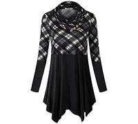 Cestyle Womens Fall Long Sleeve Cowl Neck Asymmetrical Hemline Flowy Tunic Top, A Plaid Dark Gray, Large