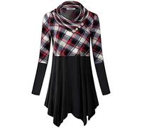Cestyle Womens Fall Long Sleeve Cowl Neck Asymmetrical Hemline Flowy Tunic Top, A Plaid, Medium
