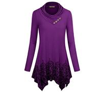 Cestyle Womens Fall Long Sleeve Cowl Neck Asymmetrical Hemline Flowy Tunic Top, Floral-dark Purple, XXL