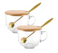 Cetfuro Coffee Mugs Clear Drinking Glasses with Handle, with Bamboo Lids& Spoons, for Tea,Cereal,Yogurt