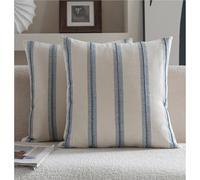 Cethom Boho Throw Pillow Covers 18x18 Set of 2, Beige and Blue Striped Decorative Pillow Cases for Couch Chair Bed, Textured Farmhouse Accent Cushion Covers for Living Room Bedroom Sofa Home Decor