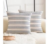 Cethom Decorative Boho Throw Pillow Covers, Farmhouse Textured Pillow Case, 18 x 18 Inch Set of 2, Chair Sofa Bedroom Living Room Decor Couch Cushion Case, Navy Blue and Beige Striped