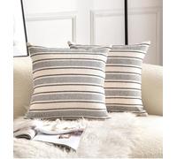 Cethom Decorative Boho Throw Pillow Covers, Farmhouse Textured Pillow Case, 18 x 18 Inch Set of 2, Suitable for Chair Sofa Bedroom Living Room Home Decor Couch Cushion Case, Black and Beige Striped