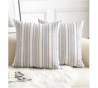 Cethom Decorative Boho Throw Pillow Covers, Farmhouse Textured Pillow Case, 20 x 20 Inch Set of 2, Chair Sofa Bedroom Living Room Home Decor Couch Cushion Case, Classic Blue and Beige Striped