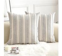 Cethom Decorative Boho Throw Pillow Covers, Farmhouse Textured Pillow Case, 22 x 22 Inch Set of 2, Chair Sofa Bedroom Living Room Home Decor Couch Cushion Case, Grey and Beige Striped