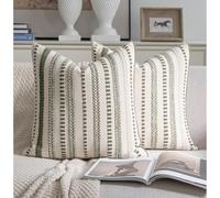 Cethom Green and Beign Boho Throw Pillow Covers 18x18 Inch Set of 2, Stripe Textured Decorative Couch Pillow Cases for Bed, Sofa, Living Room, Bedroom, Farmhouse Home Accent Cushion Covers