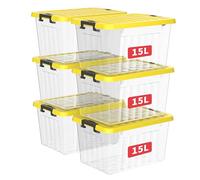 Cetomo 15L*3 Storage Boxes with Lids, Plastic Storage Box with Secure Side Latches, PP Nestable and Stackable Clear Organizer for Home, Office, Moving, Transparent & Yellow, 15L-3 Pack