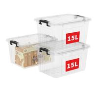 Cetomo 15L*3 Storage Boxes with Lids, Plastic Storage Bins with Latching Buckles, Click Closure, Stackable, Nestable, Clear Organizer for Home Office Clothes, Transparent, 15L-3 Pack