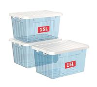 Cetomo 15L*3 Storage Boxes with Lids, Plastic Storage Box with Secure Side Latches, PP Nestable and Stackable Clear Organizer for Home, Office, Moving, Transparent Blue, 15L-3 Pack