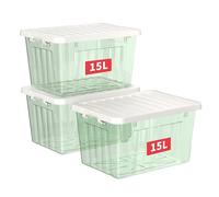 Cetomo 15L*3 Storage Boxes with Lids, Plastic Storage Box with Secure Side Latches, PP Nestable and Stackable Clear Organizer for Home, Office, Moving, Transparent Green, 15L-3 Pack