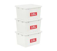 Cetomo 15L*3 Plastic Storage Box,White, Tote box,Organizing Container with Durable Lid and Secure Latching Buckles, Stackable and Nestable, 3Pack, with Buckle