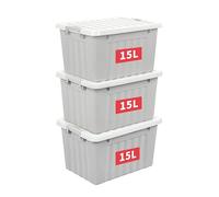 Cetomo 15L*3 Storage Boxes with Lids, Plastic Storage Bins with Latching Buckles, Click Closure, Stackable, Nesting, Organizer for Home Office Clothes, Gray, 15L-3 Pack