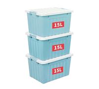 Cetomo 15L*3 Storage Boxes with Lids, Plastic Storage Bins with Latching Buckles, Click Closure, Stackable, Nesting, Organizer for Home Office Clothes, Blue, 15L-3 Pack