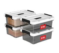 Cetomo 15L*4 Storage Boxes, Carry Plastic Storage Box with Lids, Organizing Container with Handle and Secure Latching Buckles, Stackable, Nestable, Tote Bin for Home Clothes, 15L-4Pack, Clear Black