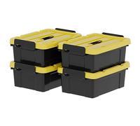 Cetomo 15L*4 Storage Boxes, Plastic Storage Box with Lids, Handle and Latching Buckles for Tool Outdoor Garden Garage Home, Durable, Heavy Duty, Stackable, Nesting, Black and Yellow, 15L(4 Pack)