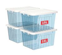 Cetomo 15L*4 Storage Boxes with Lids, Plastic Storage Bins with Latching Buckles, Click Closure, Stackable, Nesting, Organizer for Home Office Clothes, Clear Blue, 15L-4 Pack