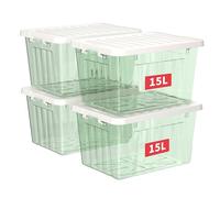 Cetomo 15L*4 Storage Boxes with Lids, Plastic Storage Bins with Latching Buckles, Click Closure, Stackable, Nesting, Organizer for Home Office Clothes, Clear Green, 15L-4 Pack