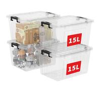 Cetomo 15L*4 Storage Boxes with Lids, Plastic Storage Box with Secure Side Latches, PP Nestable and Stackable Clear Organizer for Home, Office, Moving, Transparent, 15L-4 Pack