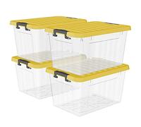 Cetomo 15L*4 Storage Boxes with Lids, Plastic Storage Bins with Latching Buckles, Click Closure, Stackable, Nesting, Organizer for Home Office Clothes, Clear & Yellow, 15L-4 Pack