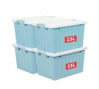 Cetomo 15L*4 Storage Boxes with Lids, Plastic Storage Bins with Latching Buckles, Click Closure, Stackable, Nesting, Organizer for Home Office Clothes, Blue, 15L-4 Pack