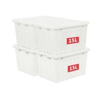 Cetomo 15L*4 Plastic Storage Box,White, Tote box,Organizing Container with Durable Lid and Secure Latching Buckles, Stackable and Nestable, 4Pack, with Buckle
