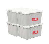 Cetomo 15L*4 Storage Boxes with Lids, Plastic Storage Box with Secure Side Latches, Stackable & Nestable Organizer for Home, Office, Moving, PP, Gray, 15L-4 Pack