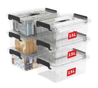 Cetomo 15L*6 Storage Boxes, Carry Plastic Storage Box with Lids, Organizing Container with Handle and Secure Latching Buckles, Stackable, Nestable, Tote Bin for Home Office Clothes, 15L-6Pack, Clear