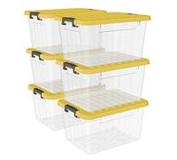 Cetomo 15L*6 Storage Boxes with Lids, Plastic Storage Box with Secure Side Latches, PP Nestable and Stackable Clear Organizer for Home, Office, Moving, Transparent & Yellow, 15L-6 Pack