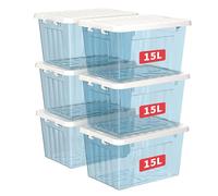 Cetomo 15L*6 Storage Boxes with Lids, Plastic Storage Box with Secure Side Latches, PP Nestable and Stackable Clear Organizer for Home, Office, Moving, Transparent Blue, 15L-6 Pack
