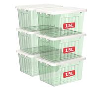 Cetomo 15L*6 Storage Boxes with Lids, Plastic Storage Box with Secure Side Latches, PP Nestable and Stackable Clear Organizer for Home, Office, Moving, Transparent Green, 15L-6 Pack