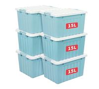 Cetomo 15L*6 Storage Boxes with Lids, Plastic Storage Bins with Latching Buckles, Click Closure, Stackable, Nesting, Organizer for Home Office Clothes, Blue, 15L-6 Pack