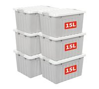 Cetomo 15L*6 Storage Boxes with Lids, Plastic Storage Bins with Latching Buckles, Click Closure, Stackable, Nesting, Organizer for Home Office Clothes, Gray, 15L-6 Pack