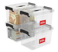 Cetomo 20L*4 Storage Boxes, Carry Plastic Storage Box with Lids, Organizing Container with Handle and Secure Latching Buckles, Stackable, Nestable, Tote Bin for Home Office Clothes, 20L-4Pack, Clear