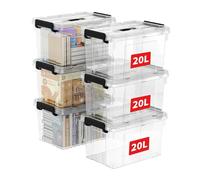 Cetomo 20L*6 Storage Boxes, Carry Plastic Storage Box with Lids, Organizing Container with Handle and Secure Latching Buckles, Stackable, Nestable, Tote Bin for Home Office Clothes, 20L-6Pack, Clear