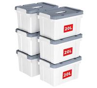 Cetomo 20L*6 Storage Boxes, Carry Plastic Storage Box with Lids, Organizing Container with Handle and Secure Latching Buckles, Stackable, Nestable, Tote Bin for Home Office Clothes, 20L-6Pack, White