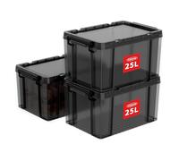 Cetomo 25L*3 Heavy-Duty Storage Boxes, Plastic Stackable Storage Box with Lids, Storage Bins with Reinforced Corners, Vertical Sides and Clip Closure, Durable, Sturdy, Transparent Black, 25L-3Pack