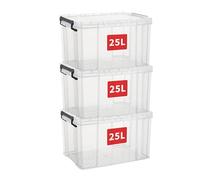 Cetomo 25L*3 Heavy-Duty Storage Boxes, Plastic Stackable Storage Box with Lids, Storage Bins with Reinforced Corners, Vertical Sides and Clip Closure, Durable, Sturdy, Transparent, 25L-3Pack