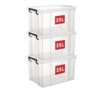 Cetomo 35L*3 Heavy-Duty Storage Boxes, Plastic Stackable Storage Box with Lids, Storage Bins with Reinforced Corners, Vertical Sides and Clip Closure, Durable, Sturdy, Transparent, 35L-3Pack