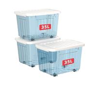 Cetomo 35L*3 Plastic Storage Boxes with Wheels, Lidded Storage Box with Secure Side Latches, PP Nestable and Stackable Clear Organizer for Home, Office, Moving, Transparent Blue, 35L-3 Pack