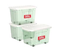 Cetomo 35L*3 Plastic Storage Boxes with Wheels, Lidded Storage Box with Secure Side Latches, PP Nestable and Stackable Clear Organizer for Home, Office, Moving, Transparent Green, 35L-3 Pack