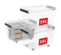 Cetomo 35L*3 Storage Boxes with Wheels, Plastic Storage Bins with Lids, Latching Buckles, Click Closure, Stackable, Nestable, Organizer for Home Office Clothes, Clear, 35L-3 Pack