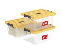 Cetomo 35L*3 Storage Boxes, Carry Plastic Storage Box with Lids, Organizing Container with Handle and Latching Buckles, Stackable, Nestable, Tote Bin for Home Office Clothes, 35L-3Pack, Clear & Yellow