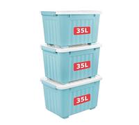 Cetomo 35L*3 Storage Boxes with Lids, Plastic Storage Box with Wheels and Secure Side Latches, Stackable & Nestable Organizer for Home, Office, Moving, PP, Blue, 35L-3 Pack