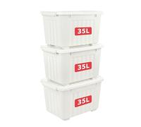 Cetomo 35L*3 Storage Boxes with Lids, Plastic Storage Box with Wheels and Secure Side Latches, Stackable & Nestable Organizer for Home, Office, Moving, PP, White, 35L-3 Pack