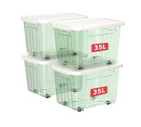 Cetomo 35L*4 Plastic Storage Boxes with Wheels, Lidded Storage Box with Secure Side Latches, PP Nestable and Stackable Clear Organizer for Home, Office, Moving, Transparent Green, 35L-4 Pack