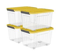 Cetomo 35L*4 Plastic Storage Boxes with Wheels, Lidded Storage Box with Secure Side Latches, PP Nestable and Stackable Clear Organizer for Home, Office, Moving, Transparent & Yellow, 35L-4 Pack